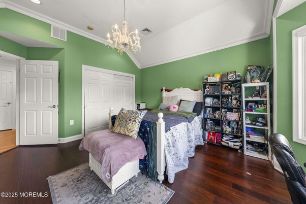 Bedroom, Chandelier, Interior, Recessed Lighting, Wood Texture Flooring