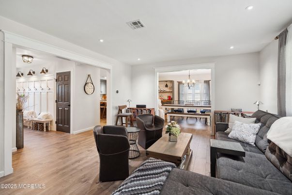 Chandelier, Dining room, Interior, Living room, Recessed Lighting, Wood Texture Flooring