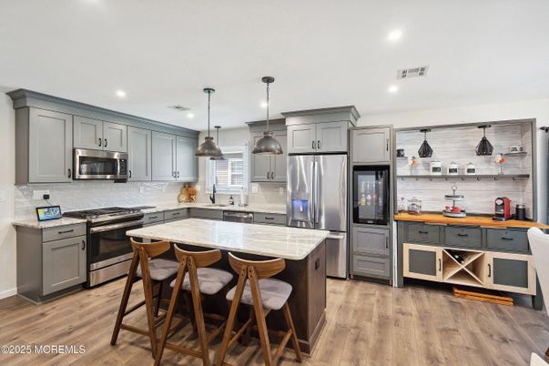 Interior, Kitchen, Pendant Lights, Recessed Lighting, Stainless Steel Appliances, Wood Texture Flooring