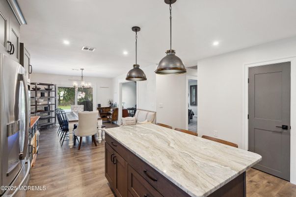 Chandelier, Dining room, Interior, Kitchen, Pendant Lights, Recessed Lighting, Wood Texture Flooring