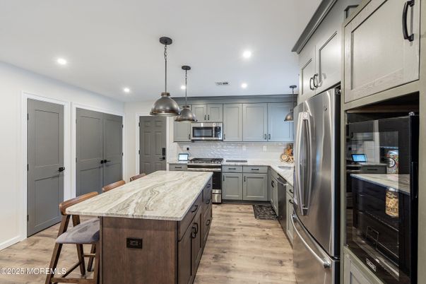 Interior, Kitchen, Pendant Lights, Recessed Lighting, Stainless Steel Appliances, Wood Texture Flooring