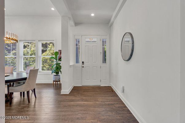 Dining room, Interior, Pendant Lights, Recessed Lighting, Wood Texture Flooring