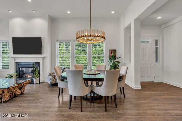 Dining room, Fireplace, Interior, Pendant Lights, Recessed Lighting, Wood Texture Flooring