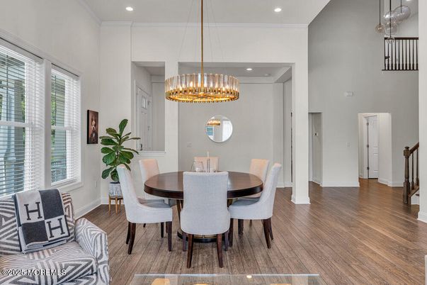 Dining room, Interior, Pendant Lights, Recessed Lighting, Wood Texture Flooring