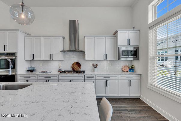 Interior, Kitchen, Pendant Lights, Stainless Steel Appliances, Wood Texture Flooring