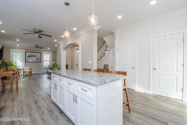 Dining room, Interior, Pendant Lights, Recessed Lighting, Wood Texture Flooring