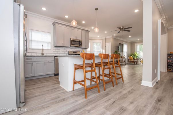 Interior, Kitchen, Pendant Lights, Recessed Lighting, Wood Texture Flooring