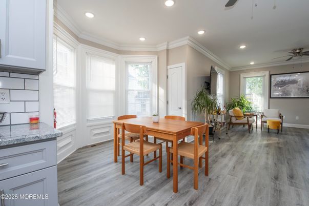 Dining room, Interior, Recessed Lighting, Wood Texture Flooring