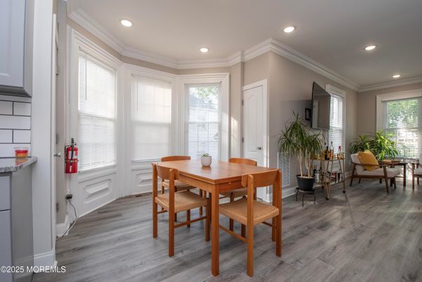 Dining room, Interior, Recessed Lighting, Wood Texture Flooring