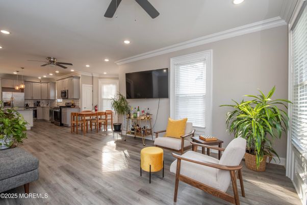 Dining room, Interior, Kitchen, Pendant Lights, Recessed Lighting, Stainless Steel Appliances, Wood Texture Flooring
