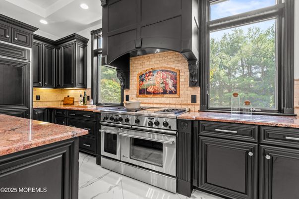 Interior, Kitchen, Marble, Recessed Lighting, Stainless Steel Appliances, Stone Walls