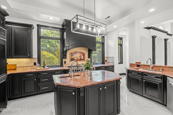 Interior, Kitchen, Marble, Pendant Lights, Recessed Lighting, Stainless Steel Appliances