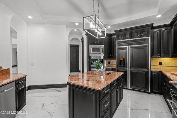 Interior, Kitchen, Marble, Pendant Lights, Recessed Lighting, Stainless Steel Appliances