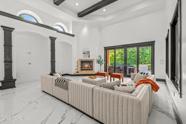 Fireplace, Interior, Living room, Marble, Recessed Lighting, Wooden Beams