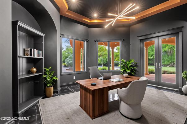 Home Office, Interior, Pendant Lights, Recessed Lighting, Wood Texture Flooring