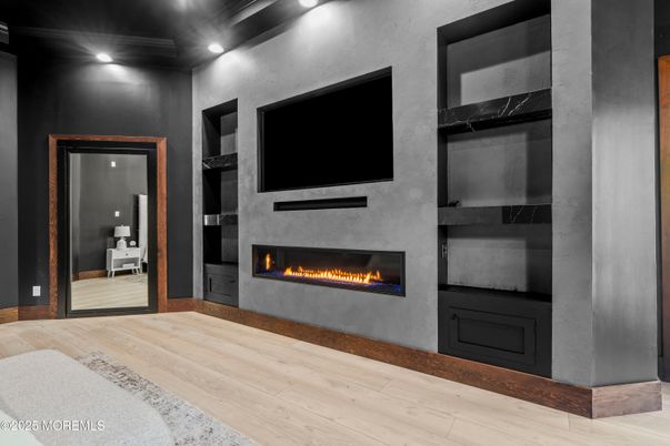 Fireplace, Interior, Recessed Lighting, Wood Texture Flooring