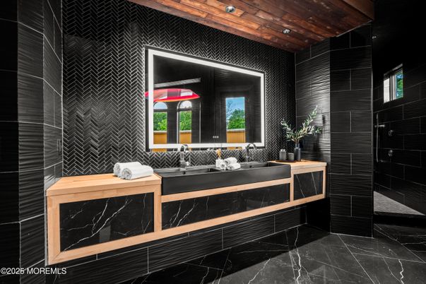 Bathroom, Interior, Marble, Recessed Lighting, Wooden Ceilings