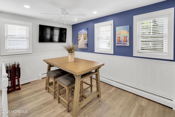 Dining room, Interior, Recessed Lighting, Wood Texture Flooring