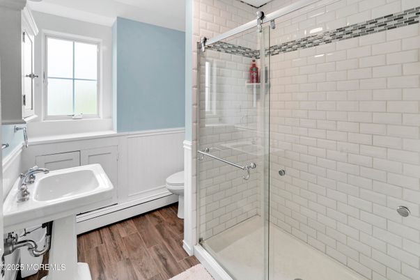 Bathroom, Glass Shower, Interior, Wood Texture Flooring