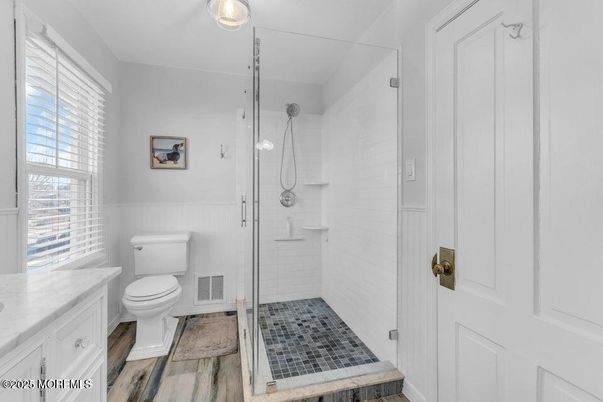Bathroom, Glass Shower, Interior, Wood Texture Flooring