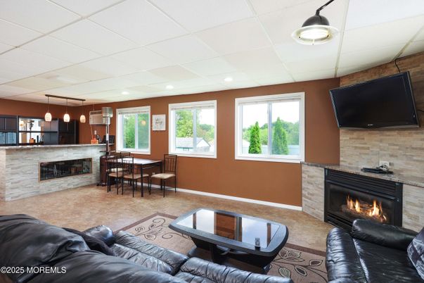Dining room, Fireplace, Interior, Living room, Pendant Lights, Recessed Lighting, Stone Walls