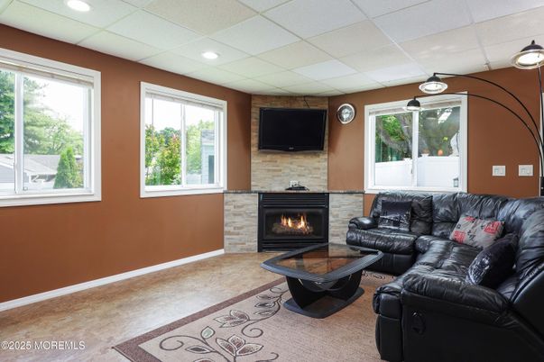 Fireplace, Interior, Living room, Recessed Lighting, Stone Walls