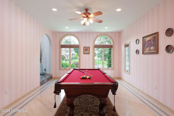 Billiard Table, Game Room, Interior, Recessed Lighting, Wood Texture Flooring