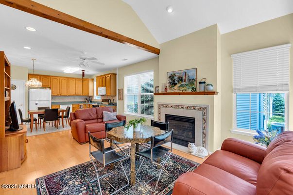 Dining room, Fireplace, Interior, Kitchen, Living room, Pendant Lights, Recessed Lighting, Wooden Beams, Wood Texture Flooring