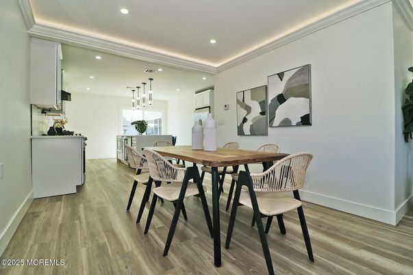 Dining room, Interior, Pendant Lights, Recessed Lighting, Wood Texture Flooring