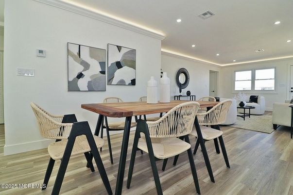 Dining room, Interior, Living room, Recessed Lighting, Wood Texture Flooring