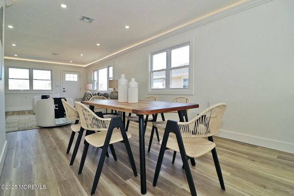 Dining room, Interior, Living room, Recessed Lighting, Wood Texture Flooring