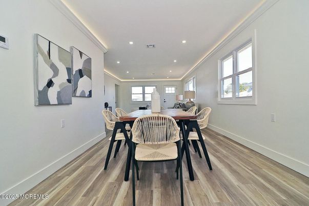 Dining room, Interior, Recessed Lighting, Wood Texture Flooring