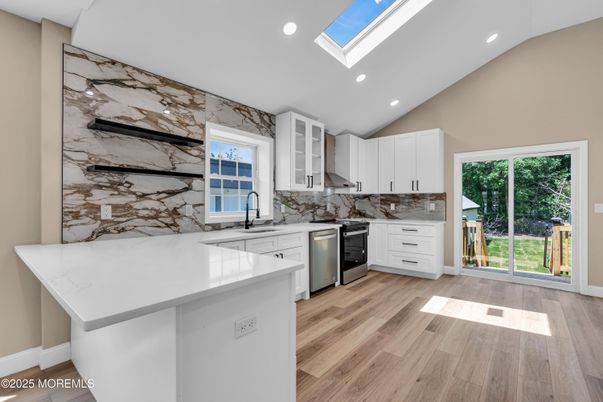Interior, Kitchen, Marble Walls, Recessed Lighting, Wood Texture Flooring