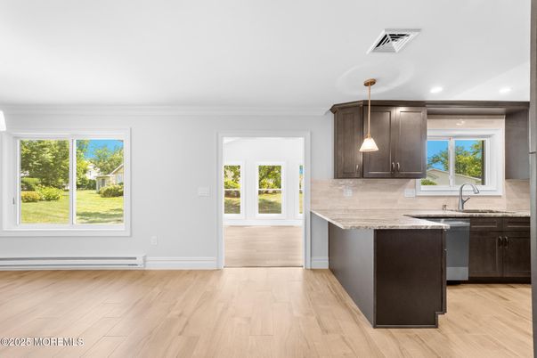 Interior, Kitchen, Pendant Lights, Recessed Lighting, Wood Texture Flooring