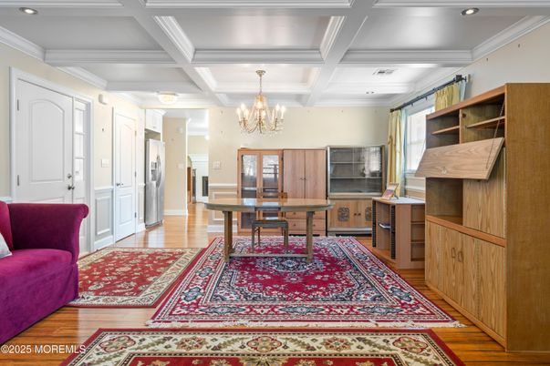 Chandelier, Home Office, Interior, Recessed Lighting, Wood Texture Flooring