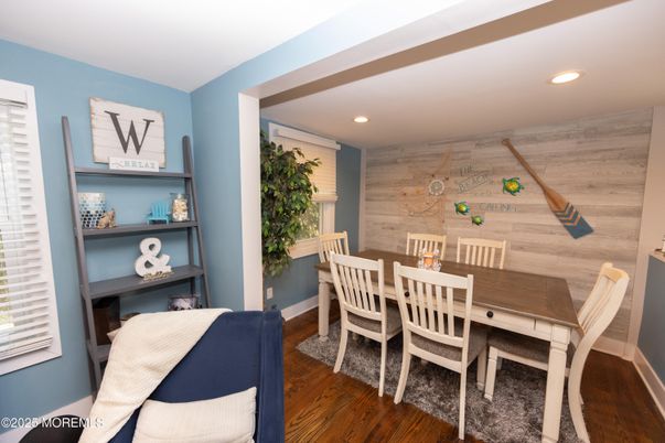 Dining room, Interior, Recessed Lighting, Wood Texture Flooring, Wooden Walls