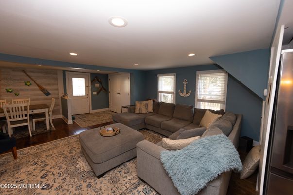 Dining room, Interior, Living room, Recessed Lighting, Wood Texture Flooring, Wooden Walls