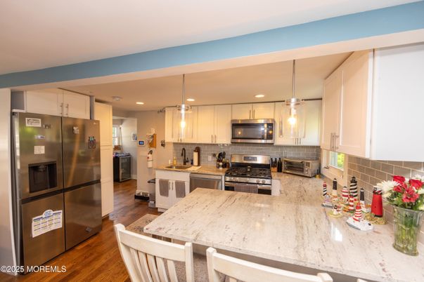 Interior, Kitchen, Pendant Lights, Recessed Lighting, Stainless Steel Appliances, Wood Texture Flooring