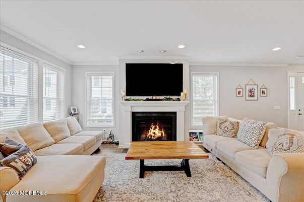 Fireplace, Interior, Living room, Recessed Lighting, Wood Texture Flooring
