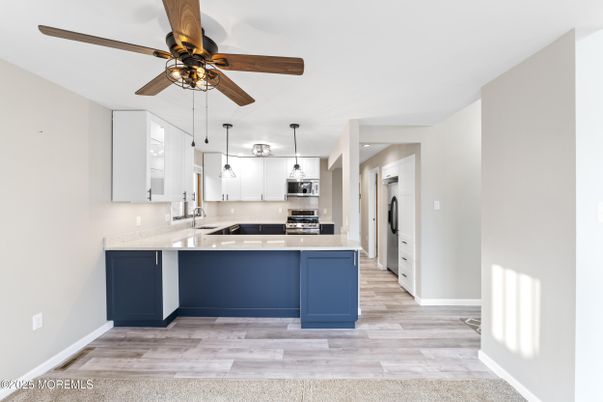 Interior, Kitchen, Pendant Lights, Stainless Steel Appliances, Wood Texture Flooring