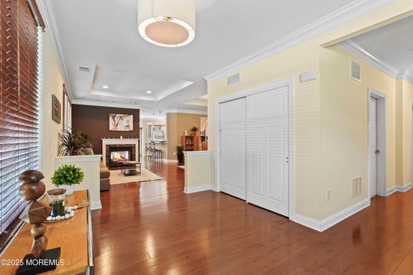 Fireplace, Interior, Pendant Lights, Recessed Lighting, Wood Texture Flooring