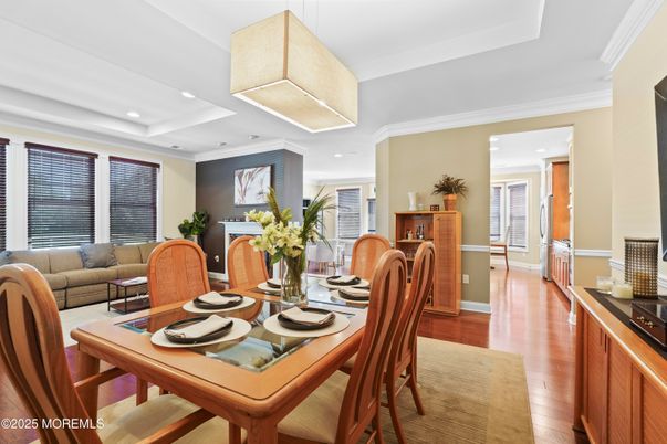 Dining room, Interior, Living room, Recessed Lighting, Wood Texture Flooring