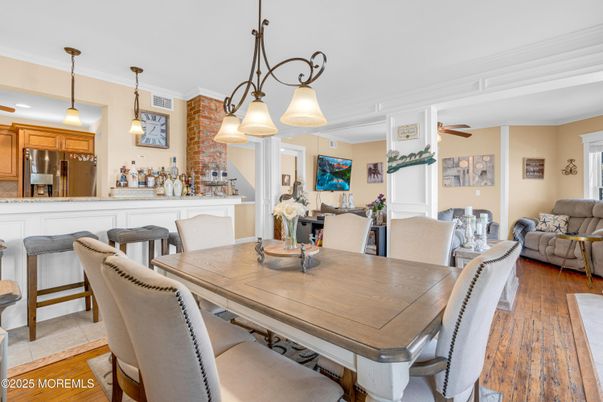 Dining room, Interior, Kitchen, Pendant Lights, Wood Texture Flooring