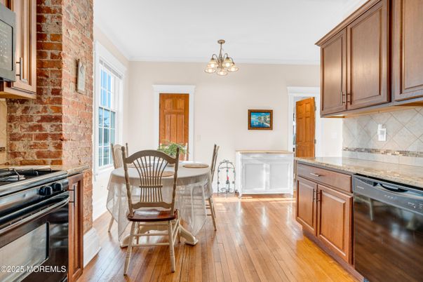 Chandelier, Dining room, Interior, Kitchen, Stone Walls, Wood Texture Flooring