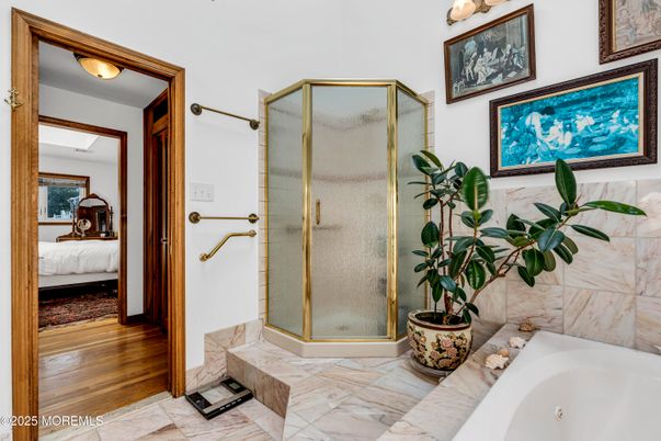 Bathroom, Bedroom, Glass Shower, Interior, Marble, Wood Texture Flooring