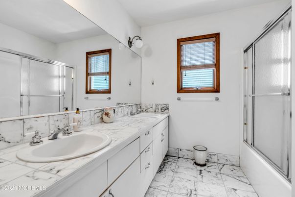Bathroom, Dual Sink Vanities, Glass Shower, Interior, Marble, Tile Countertops