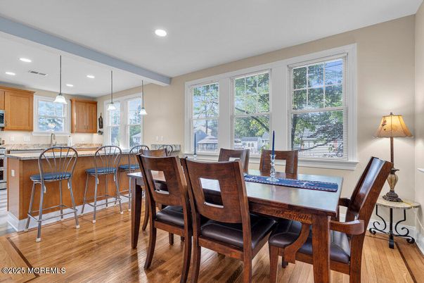Dining room, Interior, Pendant Lights, Recessed Lighting, Wood Texture Flooring