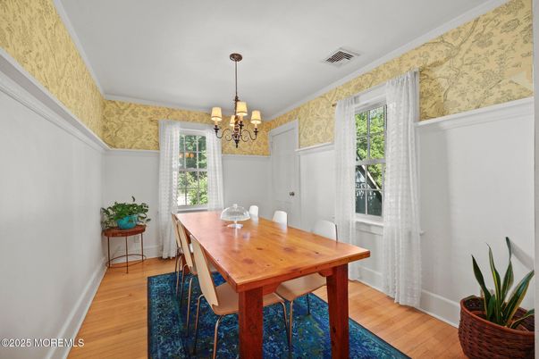 Chandelier, Dining room, Interior, Wood Texture Flooring