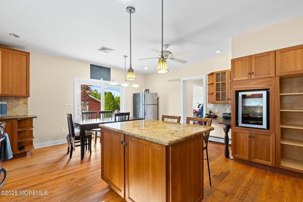 Dining room, Interior, Kitchen, Pendant Lights, Recessed Lighting, Wood Texture Flooring