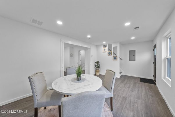 Dining room, Interior, Recessed Lighting, Wood Texture Flooring